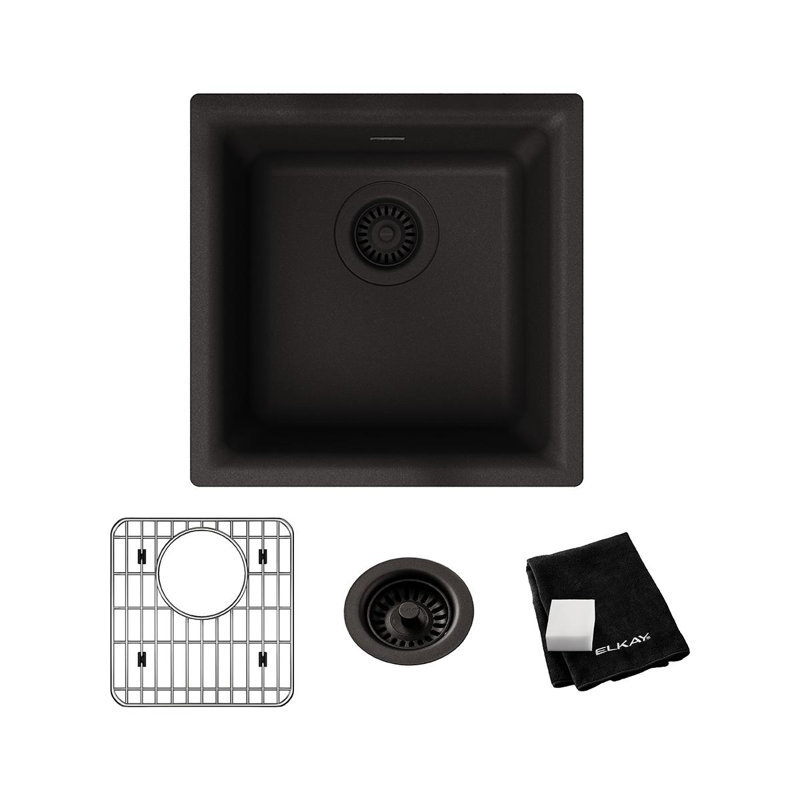 Quartz 15-3/4" x 15-3/4" x 7-11/16" Undermount Kitchen Sink with Basket Strainer, Black