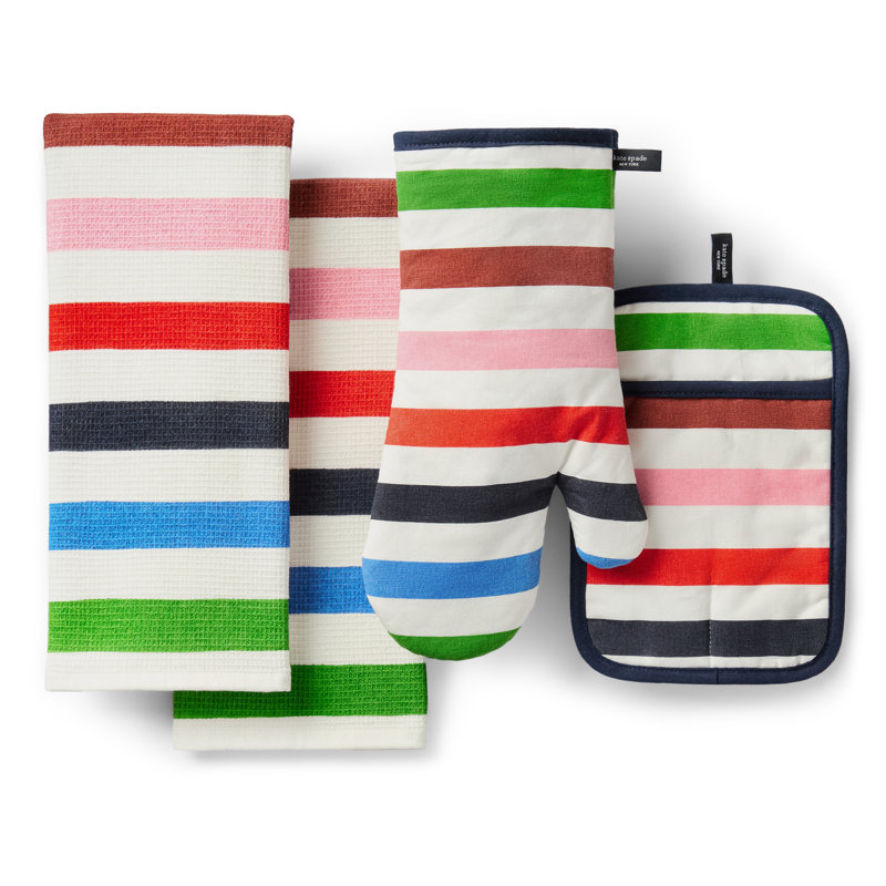 kate spade new york Adventure Stripe Kitchen Towel, Oven Mitt & Pot Holder 4-Pack Set, Absorbent & Heat Resistant, 100% Cotton, Blue/Multi, 17"x28", 7"x13", 7"x10"