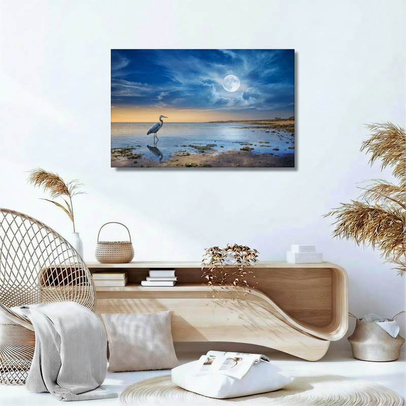 Ensemble de 1 tableau sur toile représentant un héron au clair de lune, 28"H x 40"W, Toile tendue
