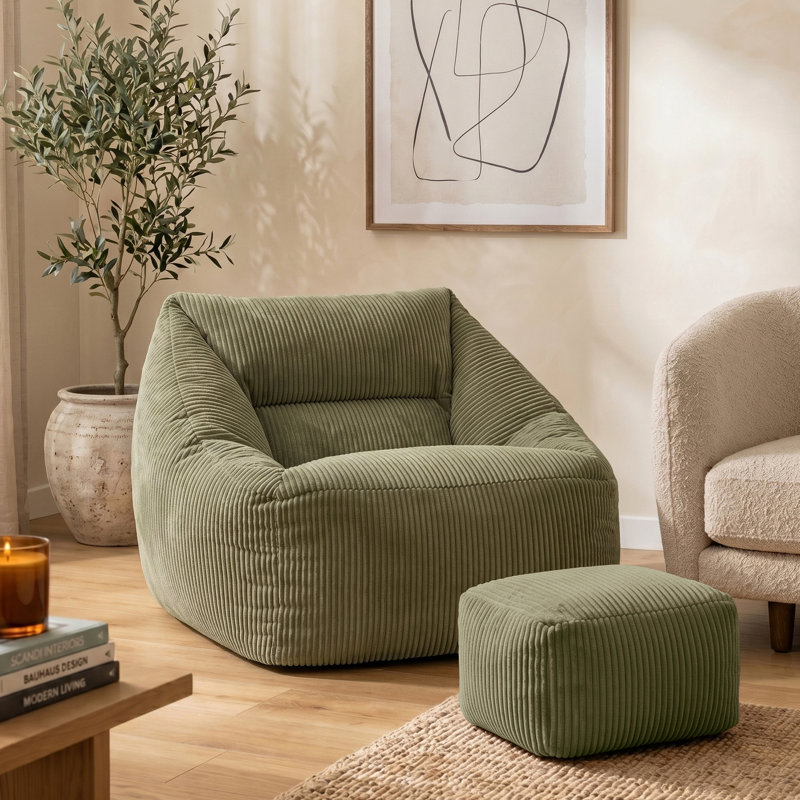 Natalia Corduroy Armchair Bean Bag and Square Footstool, Sage Green