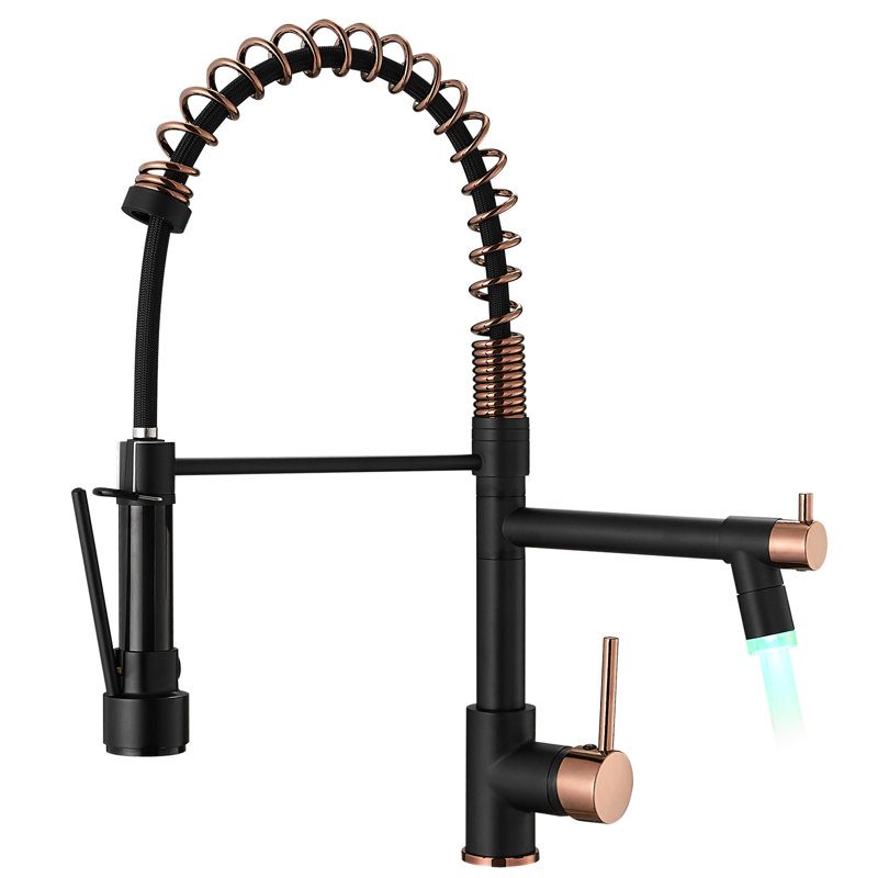 Pull Down Kitchen Sink Tap, Black And Gold, Single Lever Handle, Long-Lasting Performance Faucet, High Arc Spout With 360-Degree Rotation