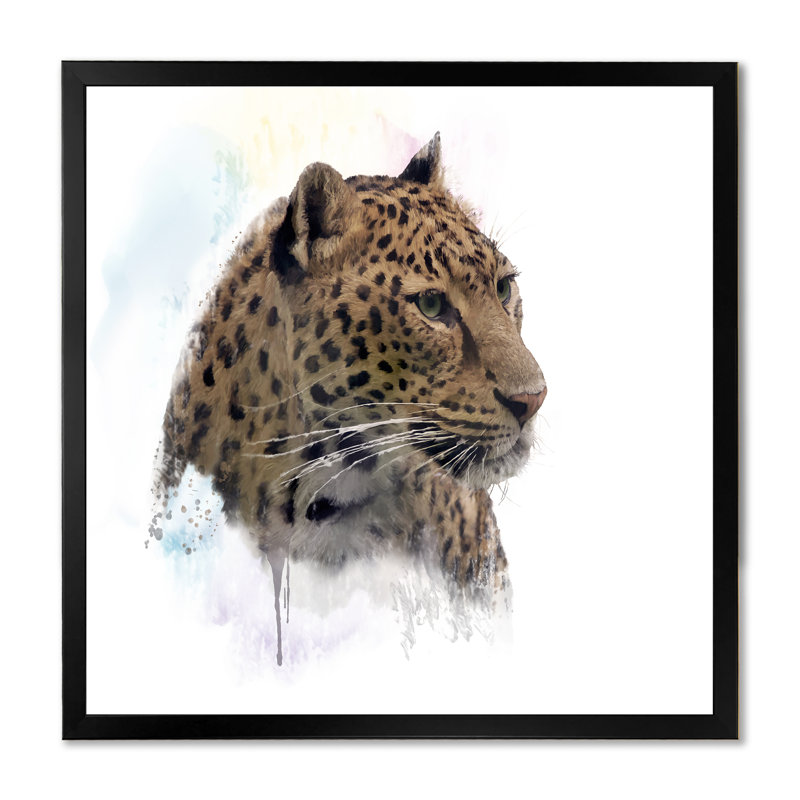 Portrait de léopard - peinture, Cadre photo noir, H 16 po x l 16 po x P 1 po