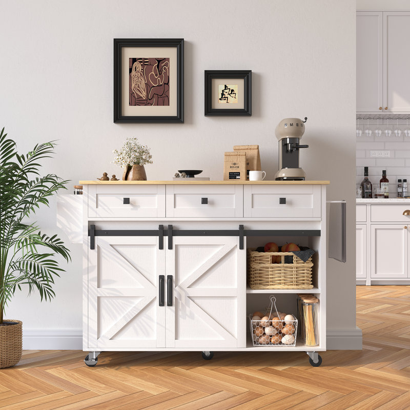 47.34"W*33.27D Farmhouse Kitchen Island Cart With Drop Leaf, Barn Door Storage Cabinets, 3 Drawers, Adjustable Shelves & Locking Wheels