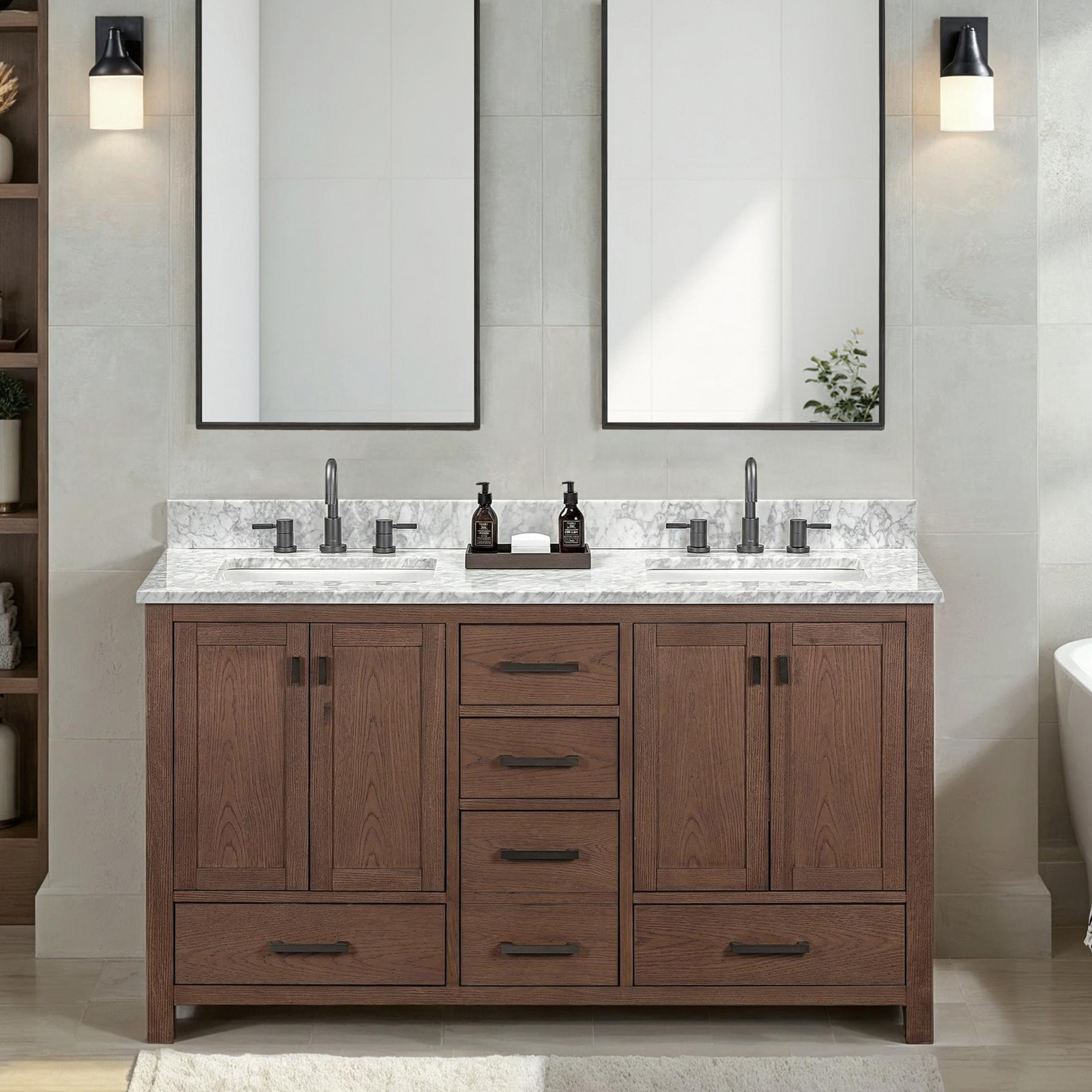 Souther Double Bathroom Vanity Base, Mocha Oak
