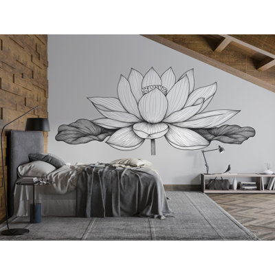 Adhésif décoratif grande fleur de lotus - art mural ligne noire au-dessus du lit, chambre à coucher minimaliste Zen et studio de yoga, décoration murale 076Mv