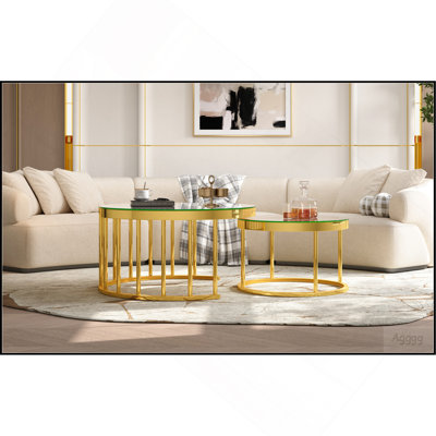 Round Nesting Coffee Table Set of 2, Modern Gold Metal Frame Circular Cocktail Table, Mirrored Finish Top Accent Nesting Tables for Living Room, Apart