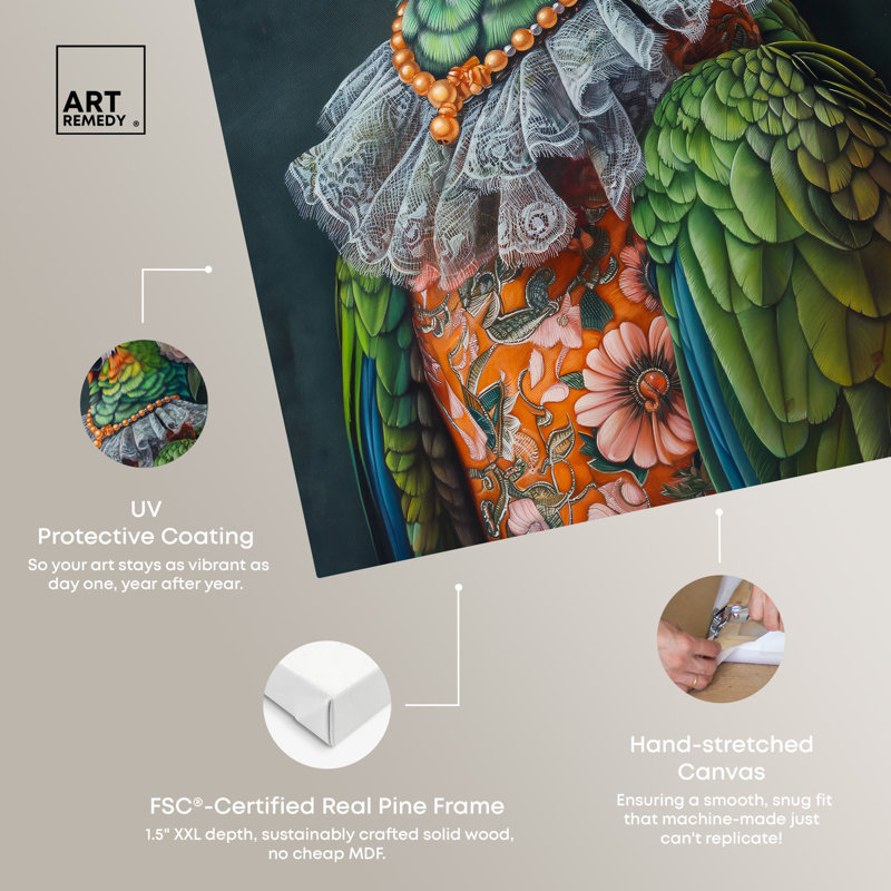Colorful Parrot Portrait on Canvas with Floral Accents, 24" x 16"