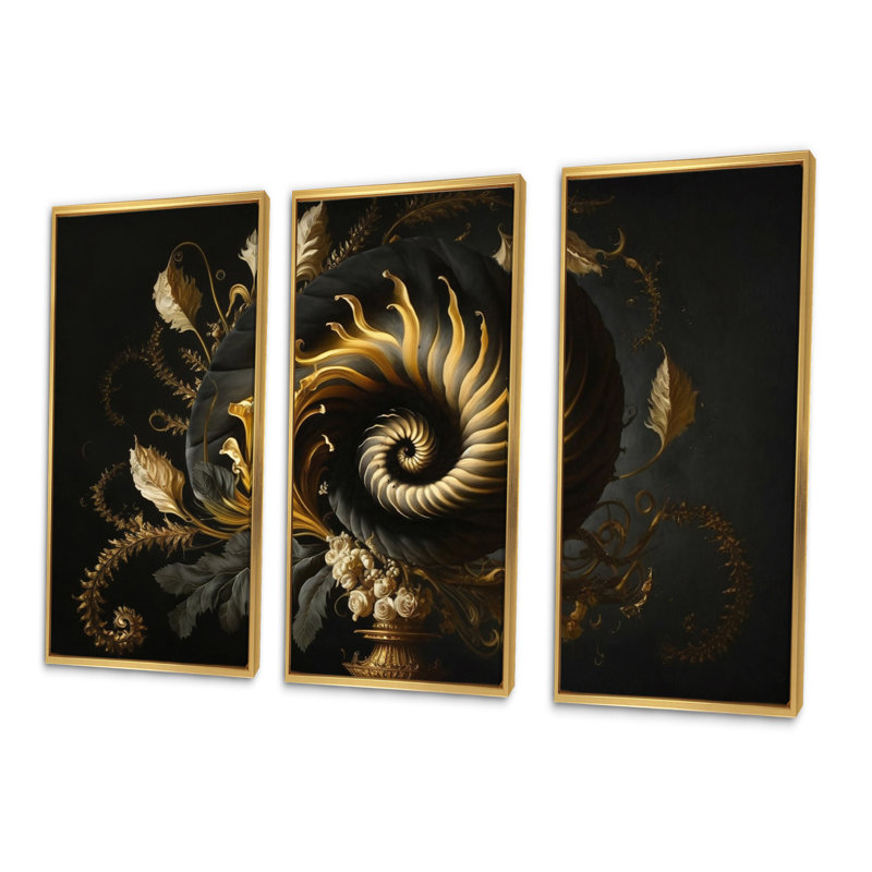 A Black and Gold Spiral Flower I - 3 pièces, reproduction sur toile, H 32 po x l 48 po x P 1 po, Or