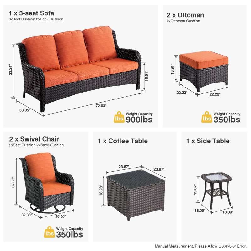 5 - Person Outdoor Conversation Set, Wicker Patio Sofa & Swivel Chair Set with Cushions, Orange Red Cushion/Brown Frame