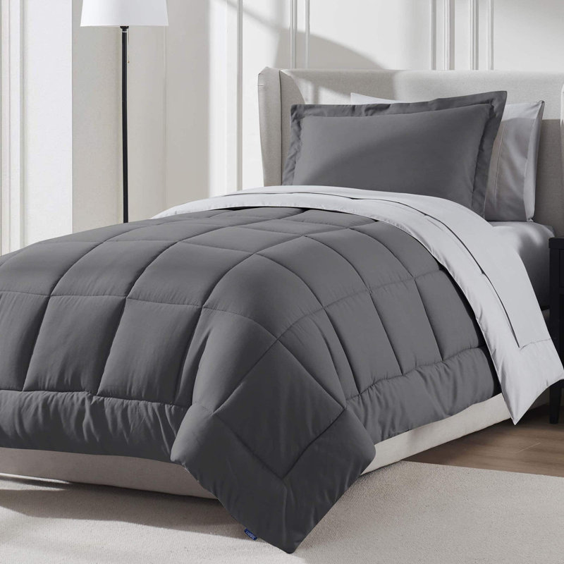 Ensemble d'édredon réversible avec draps Bed-in-a-bag, Édredon simple très long + 5 pièces supplément, Gris foncé
