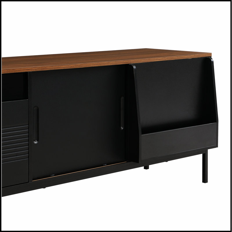 Meuble télé U-Can de 70,8 po pour téléviseur de 75 po ou moins, meuble audio-vidéo avec rangement, portes coulissantes et tablettes réglables, console média moderne Mid-Century