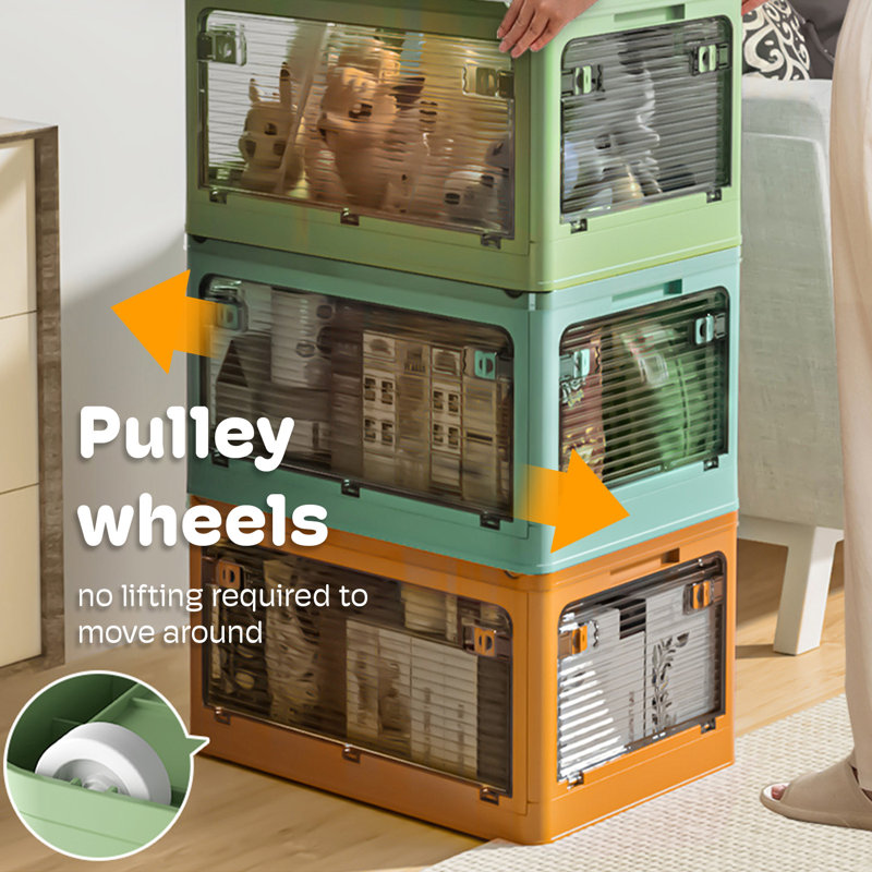 Medium Collapsible Storage Box Bin, 5 Side Clear Open Access Stackable w/ Lid, Wheels, Yellow/Blue/Green