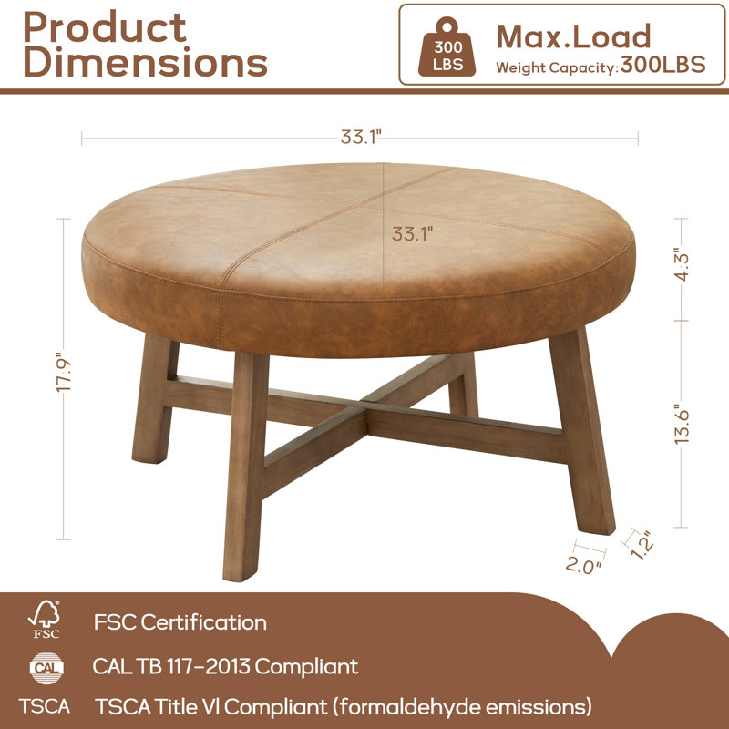 33.1" Round Leather Coffee Table, Brown
