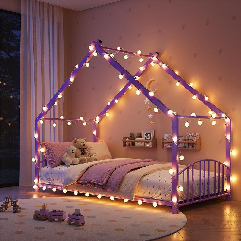 Lit Montessori au sol avec barrières de sécurité, cadre métallique robuste, lit pour tout-petits (garçons et filles) avec baldaquin à monter soi-même