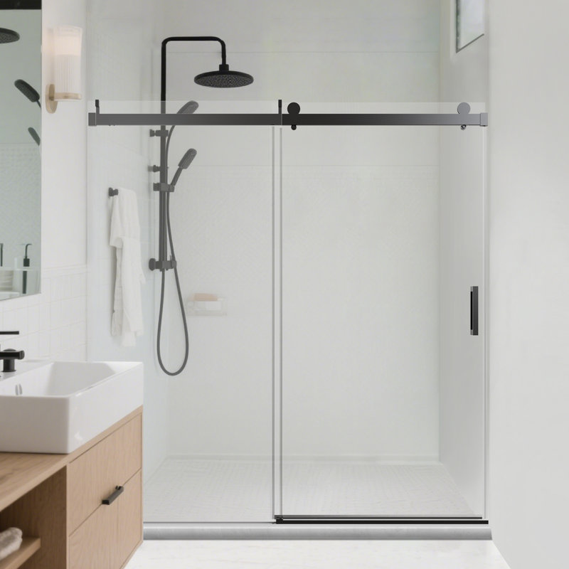 Shower Door 68-72 In W X 76In H, Frameless Single Sliding With Soft-Close 3/8 In Tempered Glass Door, Black