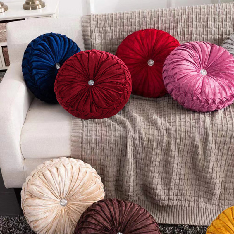 Velvet Round Decorative Pillow for Couch Decor 15-Inch (Set of 2), Wine Red