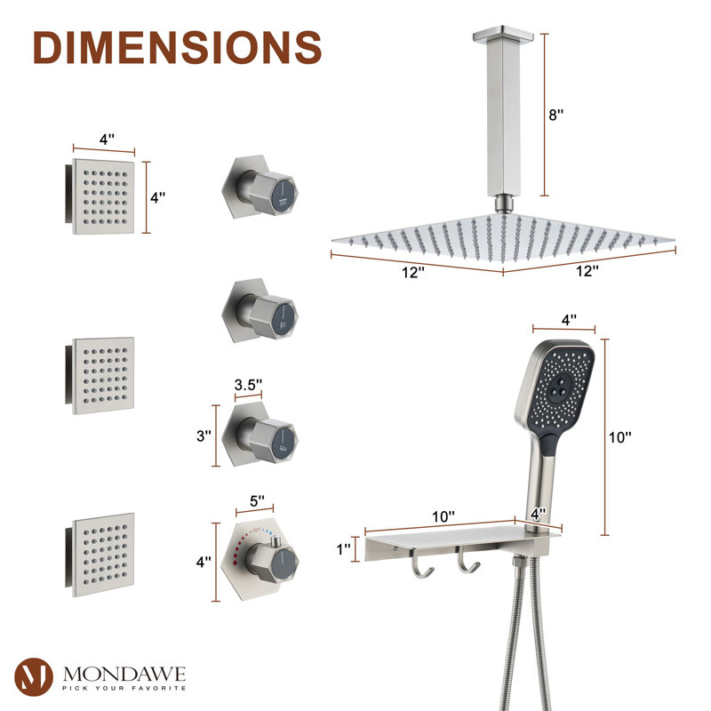 AquaRhapsody Ceiling Mounted Thermostatic Shower System with 4 Body Jets and Storage Shelf, Brushed Nickel