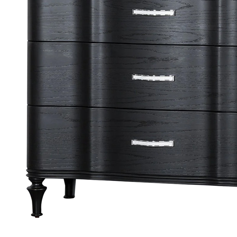 Commode haute 5 tiroirs Eleena, bois massif noir, accents de cristal, Noir