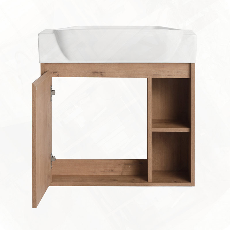 Meuble-lavabo mural avec lavabo en céramique, Imitation chêne, 24"