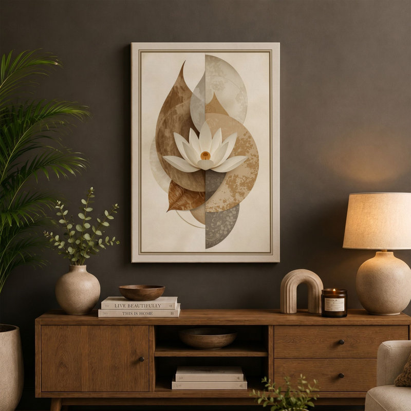 Lotus and Leaves Botanical - Wrapped Canvas, 36x24 - 91.4 x 61.0 cm, Terracotta Border