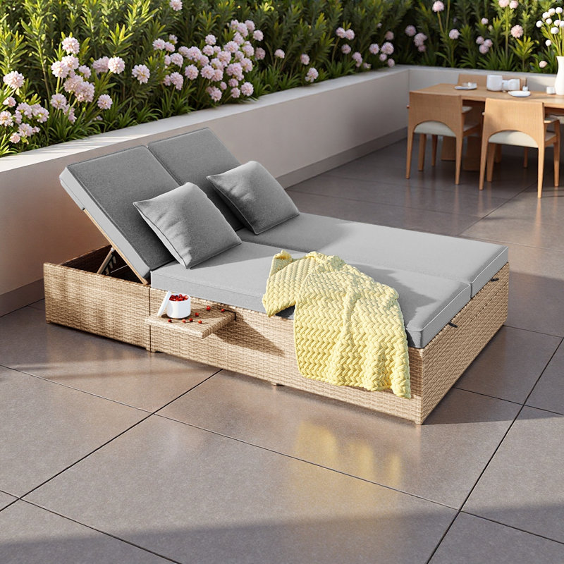 Outdoor Double Sunbed, Wicker Rattan Patio Reclining Chairs With Adjustable Backrest And Seat, Brown
