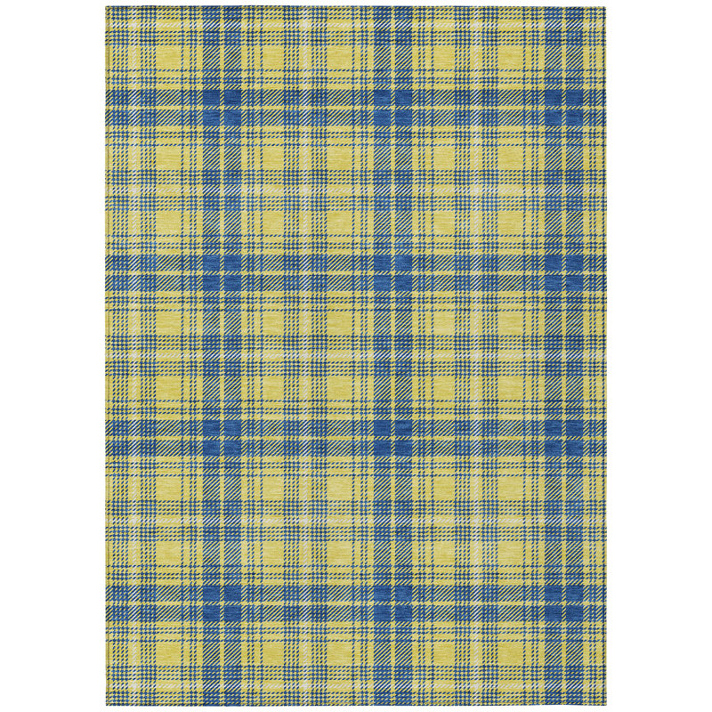 Yellow and Blue Plaid Washable Synthetic Rug, 3' x 5'