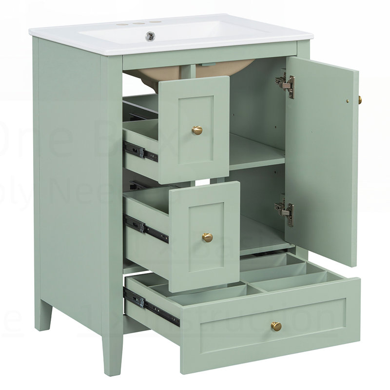 Meuble-lavabo moderne avec rangement spacieux et tablettes réglables en bois aggloméré durable et en bois d'hévéa, Vert