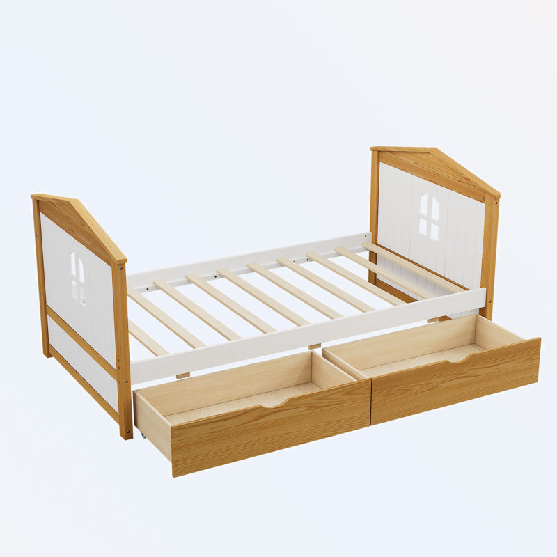 Lit simple en forme de maison avec tiroirs et barrière de sécurité Lit pour tout-petits pour filles, aucun sommier nécessaire