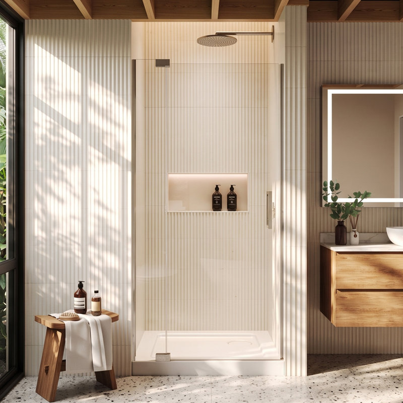 Porte de douche à pivot sans cadre, verre trempé de 5/16 po avec couvercle ouvert, nickel brossé, H 70 po x l 36 po