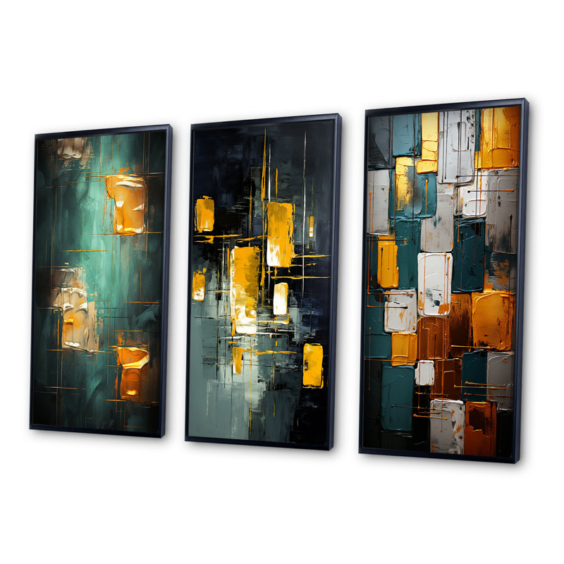 Yellow Interlude Abstract Expressionism Teal III - Abstract Painting Art Set Of 3 Pieces, H 40 po x l 60 po