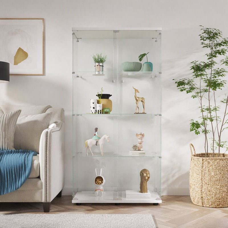 Vitrine à deux portes avec 4 tablettes vitrées et porte pour bibliothèque de salon, 64,7 po x 31,7 po x 14,3 po, Blanc