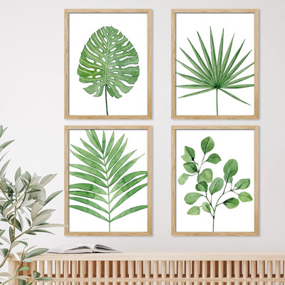 «IDAE4WALL», art mural encadré de feuilles de ventilateur vert tropical encadré, ensemble de 4 impressions murales nature sauvage, décoration murale botanique floral pour le salon, impression encadrée de chambre à coucher 4 pièces