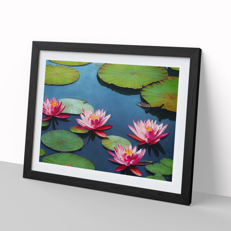 Watercolour Lily Pond Vol.4 - Single Picture Frame Painting, 46cm H x 64cm W x 2cm D, Black