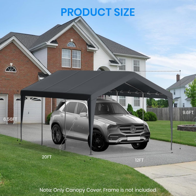 10X20 Ft Portable Garage Replacement Top Canopy Cover, Shelter Tent Party Tent For Car With 46 Ball Bungees Cords Grey (Only Top Cover, Frame Is Not Included)