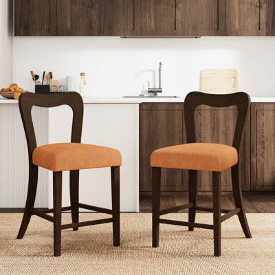 De 2 tabourets de comptoir sans accoudoirs et noyer, structure en bois d'hévéa naturel, incurvée incurvée, confort pour les rassemblements sociaux, confort légèrement en arrière, décor de cuisine de style contemporain