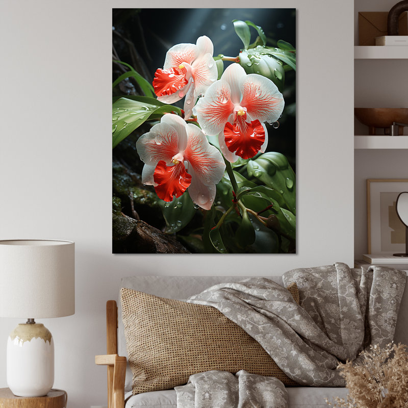 Corail tranquille et orchidées blanches - orchidées murales, H 32 po x l 24 po x P 1 po, Toile tendue
