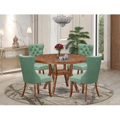 Cet ensemble de table de salle à manger 5 pièces comprend une table de salle à manger et 4 chaises rembourrées en tissu de polyester vert saule avec dossier capitonné, noyer antique