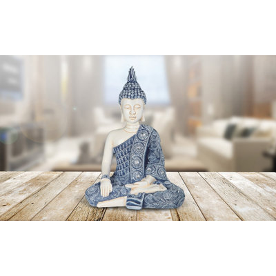 11"H Blue and White Earth Touching Buddha Figurine Unique Gifts
