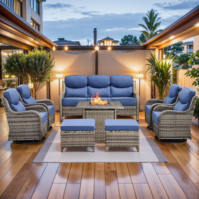 High Back Outdoor Furniture With 6-Inch Extra Thick Cushions, Patio Furniture Set With Fire Pit Table & Swivel Chairs, 8PCS Wicker Conversation Set For Yard, Deck, Poolside