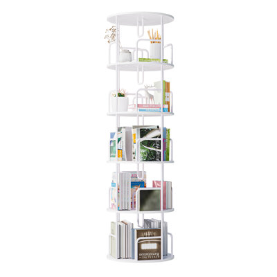 Bibliothèque rotative à 5 niveaux, bibliothèque pivotante, bibliothèque étagère haute et étroite, tour de bibliothèque rotative pour petit espace pour chambre à coucher, salon, maison, bureau, blanc