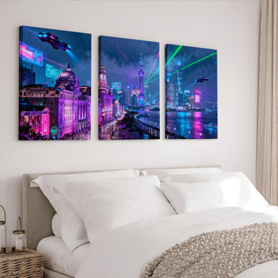 Ensemble de 3 tableaux sur toile représentant un paysage urbain cyberpunk néon avec voitures volantes et lumières laser