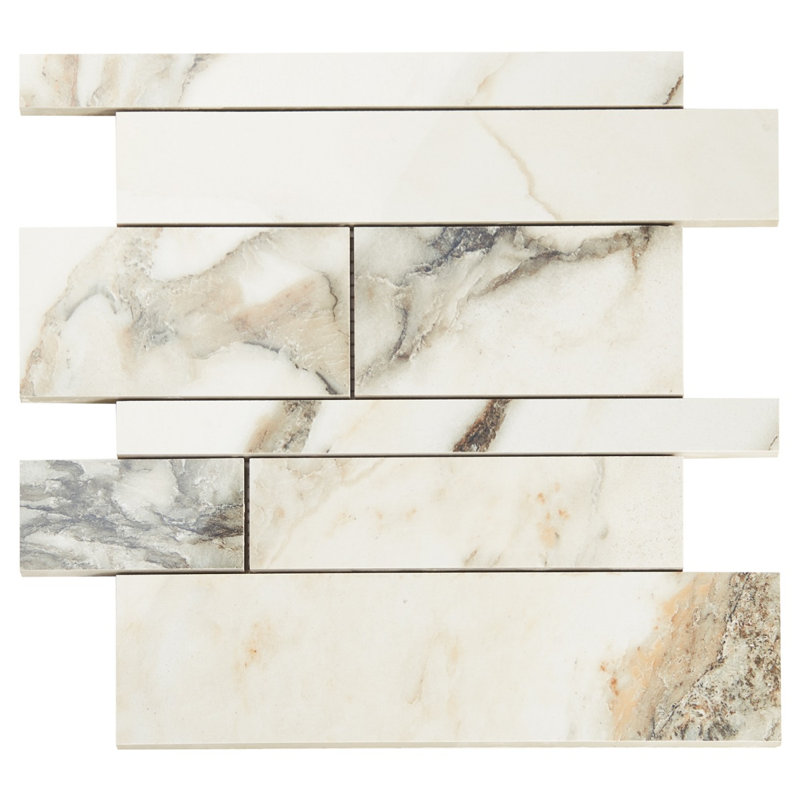 Saroshi 11.41 in. x 11.69 in. Polished Porcelain Marble Look Floor and Wall Mosaic Tile, Calacatta Rustico