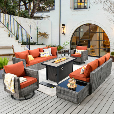 8 - Person Mostly No Assembly Required Patio Furniture Set With Swivel Rocker, Outdoor Wicker Rattan Sectional Seating Group With Cushions, All Weather Sofa Conversation Set With Fire Pit Table For Garden Backyard