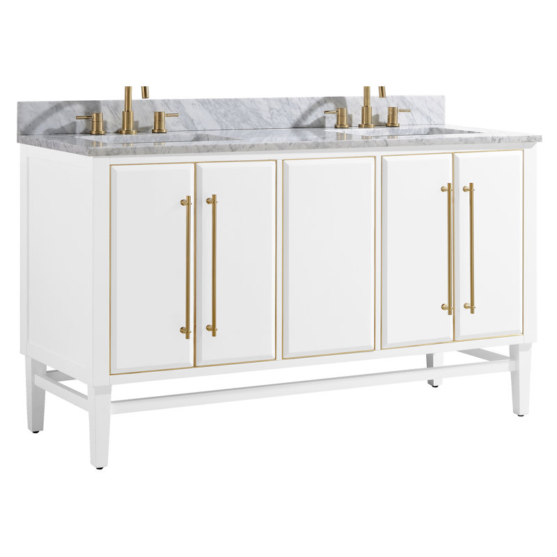 Mason 60" Double Bathroom Vanity with Carrara Marble Top, White, Matte Gold, Carrara White