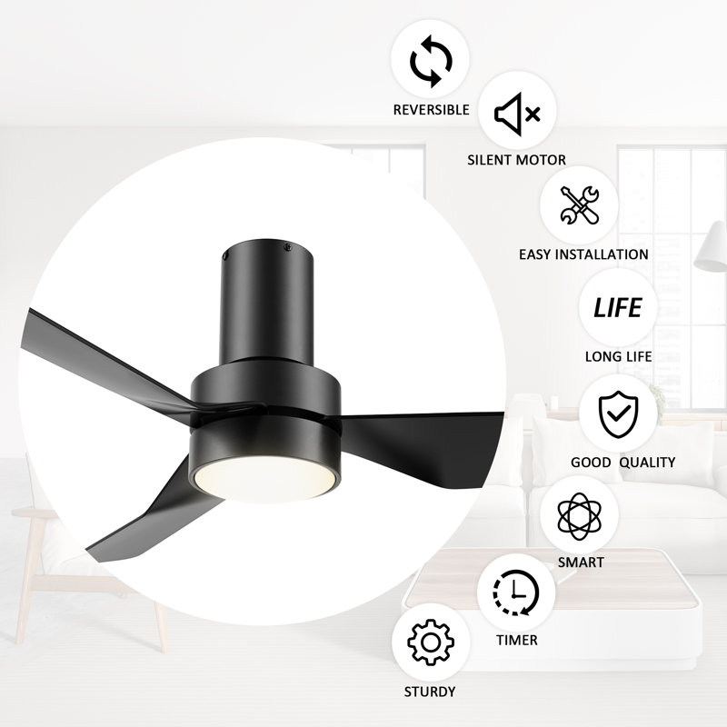 44 Inch 3 Blades DC Motor Smart Ceiling Fan with Remote and Light Kit., Black, Black