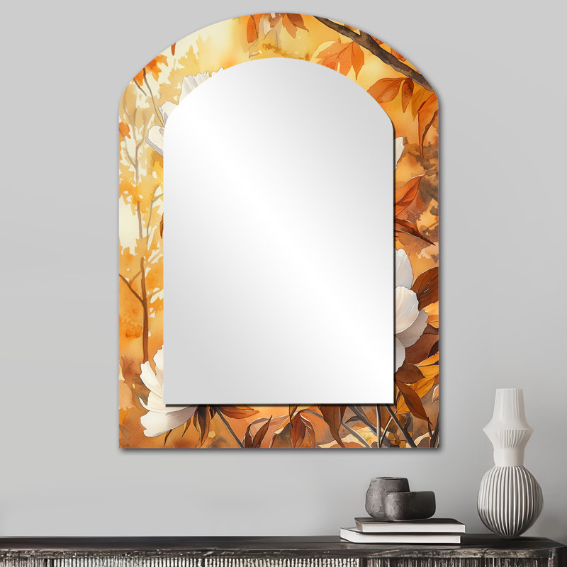 Pe pivoines by the Autumn Maple Tree II - miroir asymétrique pivoines, miroir mural décoratif arche blanche, 34 po x 25 po