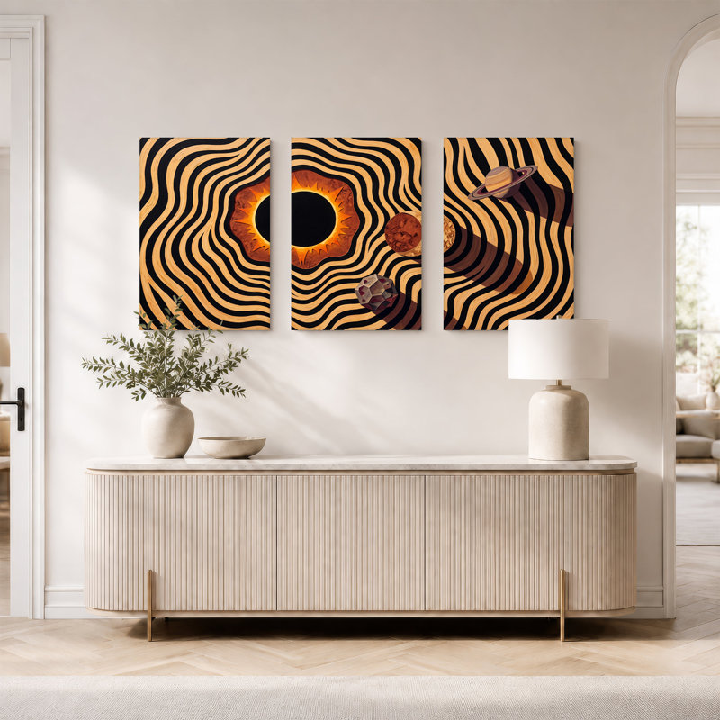 Ensemble de 3 toiles murales noires et orange avec planètes sur rayures ondulées, H 18 po x l 12 po x 3 pièces