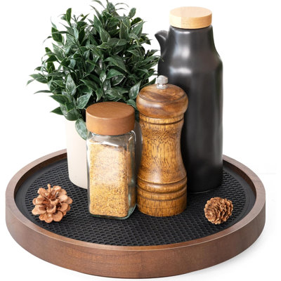 Plateau tournant antidérapant en bois pour table – Style ferme – 26,7 cm – Plateau de salle de bain, étagère à épices et plateau de toilette – Organisateur de comptoir de salle de bain élégant avec tapis en caoutchouc (brun)