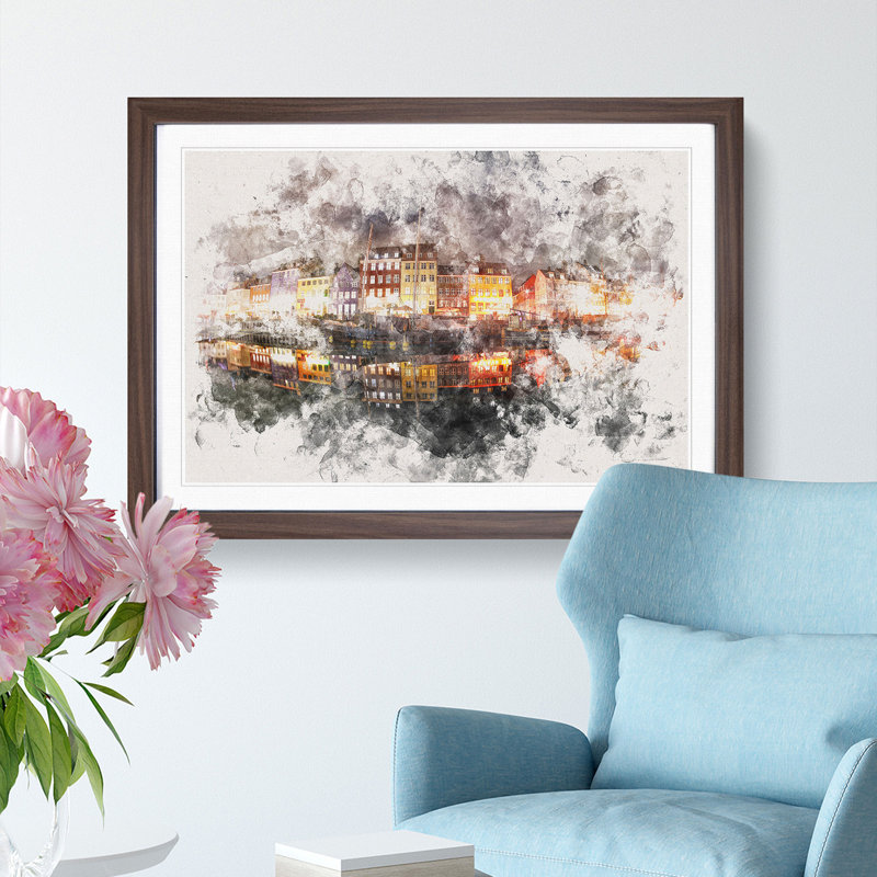 Nyhavn Canal in Denmark - Picture Frame Graphic Art Print, 62cm H x 87cm W x 2cm D, Walnut Framed