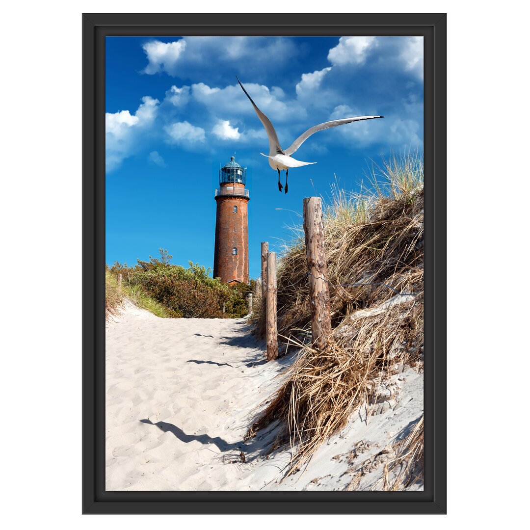 Gerahmtes Wandbild Schöner Leuchtturm am Strand